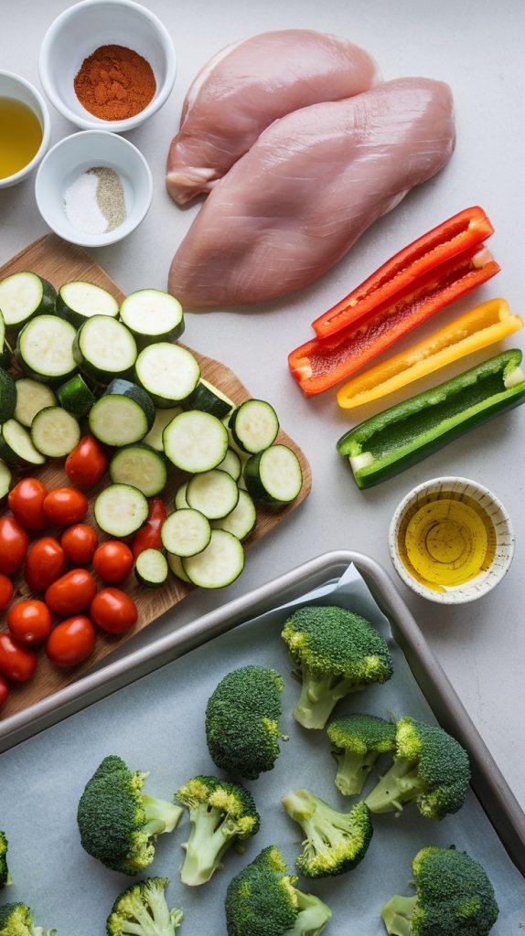 Ingredients of chicken sheet pan dinner healthy recipes oven