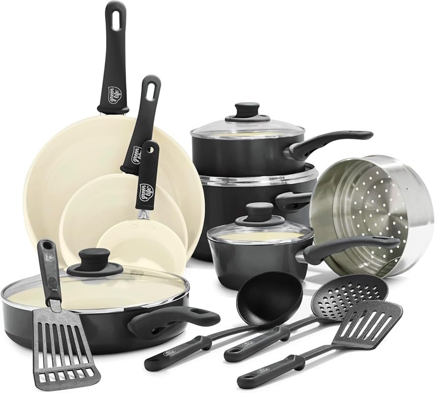 GreenLife 16-Piece Soft Grip Ceramic Cookware Set, Non-Toxic, PFAS-Fre