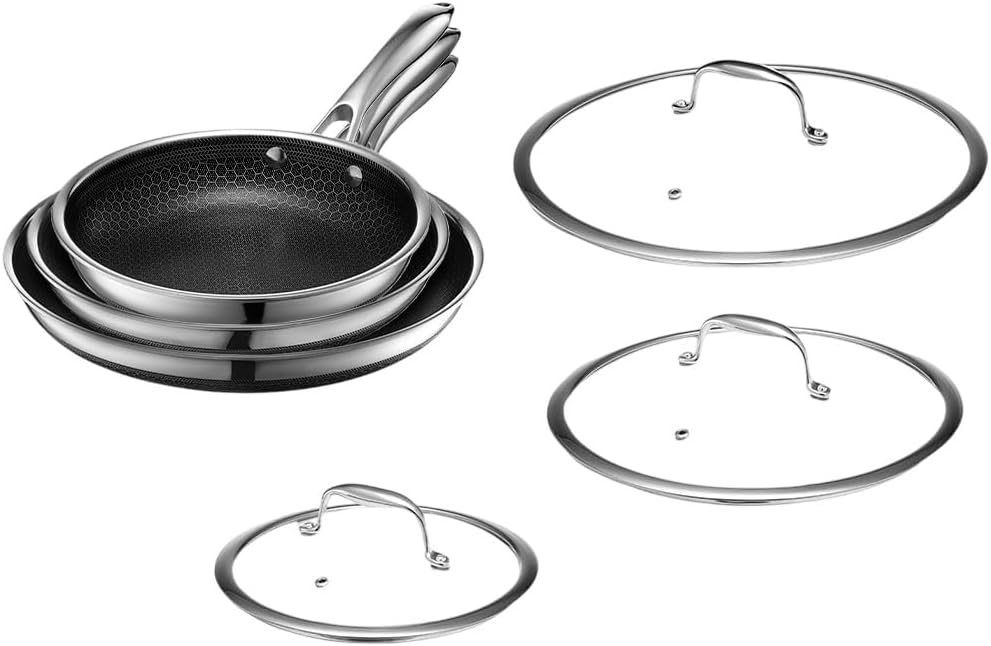 HexClad Hybrid Nonstick 6-Piece Fry Pan Set with Glass Lids, Stay-Cool