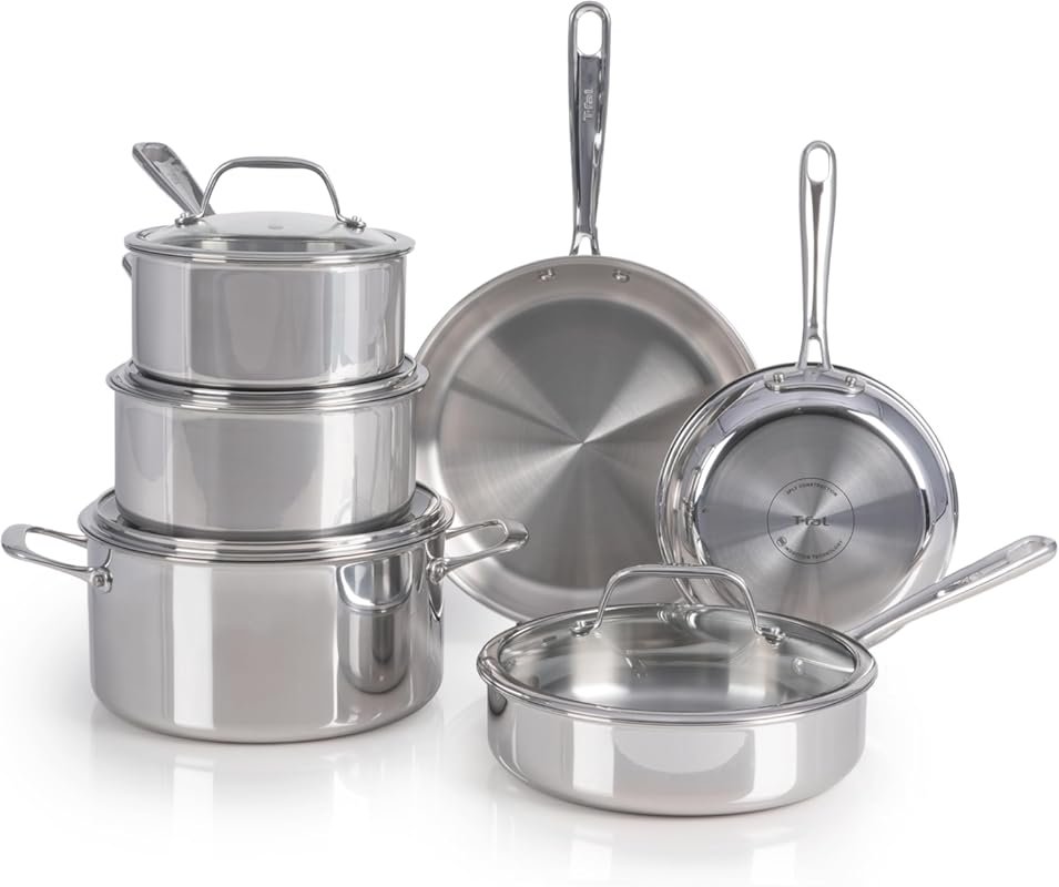 T-fal Pro Tri-Ply 10-Piece Stainless Steel Cookware Set, Induction Compatible