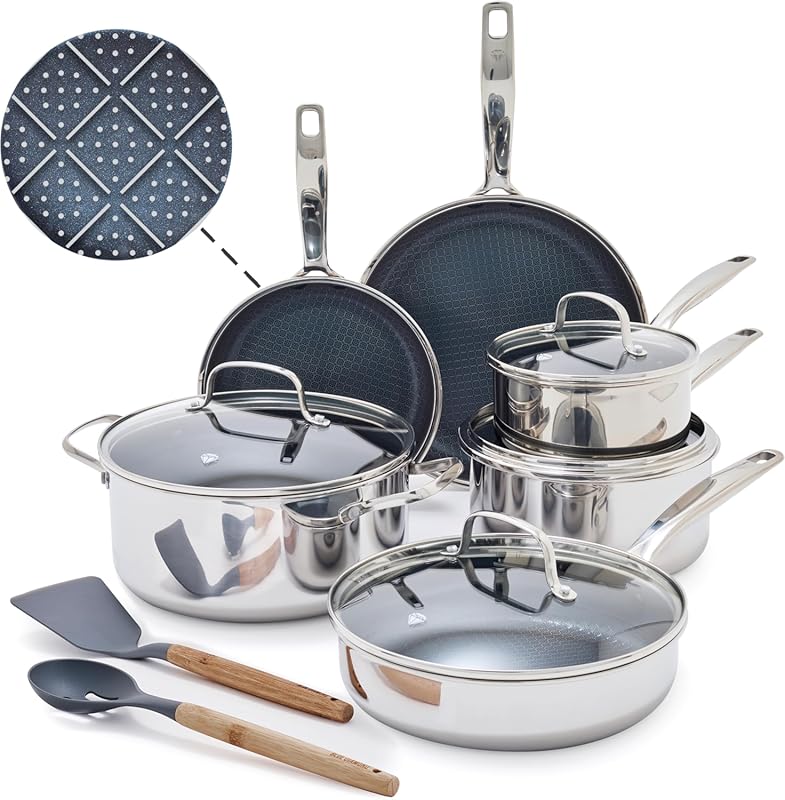 Blue Diamond Hybrid Nonstick Stainless Steel 12-Piece Cookware Set, Tr
