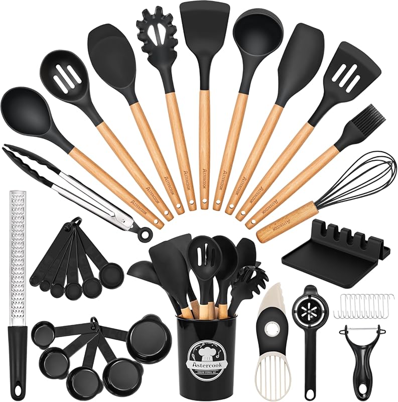 Astercook 39-Piece Silicone Cooking Utensils Set with Wooden Handles -