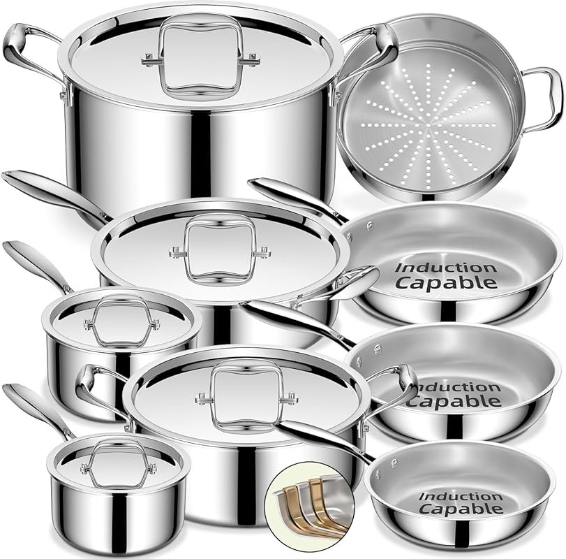 Umite Chef 5-Ply 14-Piece Stainless Steel Cookware Set, Induction Read
