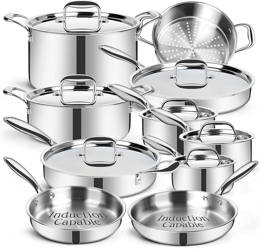EWFEN 3-Ply 17-Piece Stainless Steel Cookware Set, Induction, Oven & D