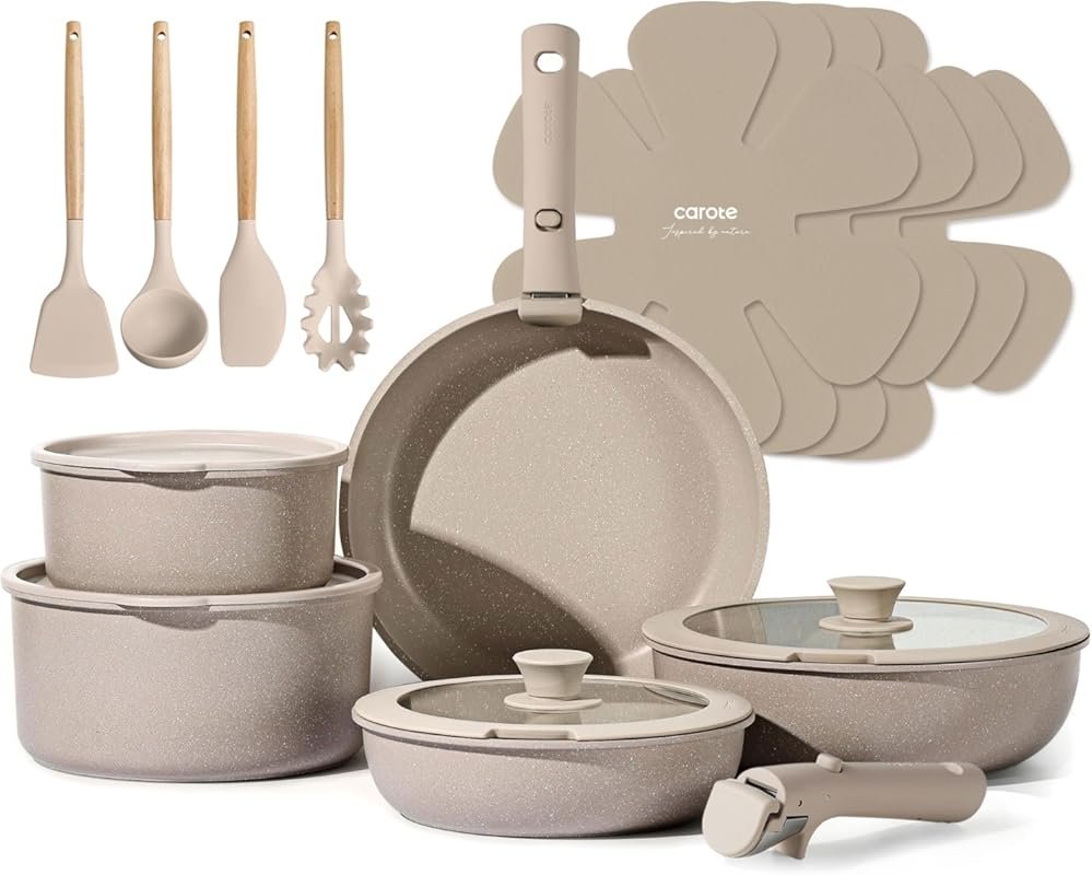 CAROTE 19-Piece Taupe Nonstick Cookware Set, Detachable Handle, Induct